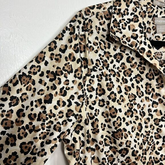 Chico’s No-Iron Leopard Print Cotton Long Sleeve Button Down Shirt Size 12/14 - Picture 3 of 11